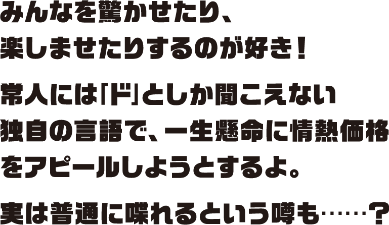 みんなを驚かせたり、楽しませたりするのが好き！常人には｢ド｣としか聞こえない独自の言語で、一生懸命に情熱価格をアピールしようとするよ。実は普通に喋れるという噂も……？